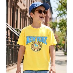 Pine Kids Cotton Knit Half Sleeves T-Shirt With Newyork  Text Print - Yellow