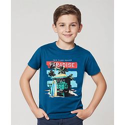Pine Kids Cotton Knit Half Sleeves T-Shirt with Beach Theme Print - Teal Blue
