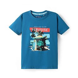 Pine Kids Cotton Knit Half Sleeves T-Shirt with Beach Theme Print - Teal Blue