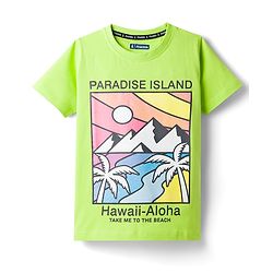 Pine Kids Cotton Knit Half Sleeves T-Shirt With Paradies Island Text Print - Limegreen