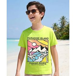 Pine Kids Cotton Knit Half Sleeves T-Shirt With Paradies Island Text Print - Limegreen