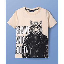 Pine Kids Cotton Knit Half Sleeves T-Shirt with Text Print - Cream