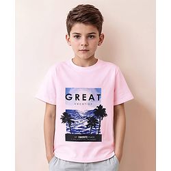 Pine Kids Cotton Knit Half Sleeves T-Shirt with Great Vacation Text - Pink