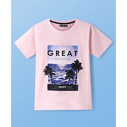 Pine Kids Cotton Knit Half Sleeves T-Shirt with Great Vacation Text - Pink