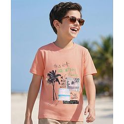 Pine Kids Cotton Knit Half Sleeves T-Shirt With Beach Theme Print - Peach