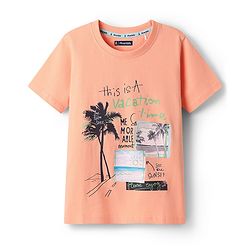 Pine Kids Cotton Knit Half Sleeves T-Shirt With Beach Theme Print - Peach