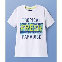 Pine Kids Cotton Knit Half Sleeves T-Shirt with Tropical Theme Print - White