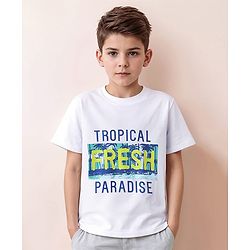 Pine Kids Cotton Knit Half Sleeves T-Shirt with Tropical Theme Print - White