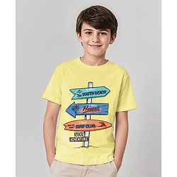 Pine Kids Cotton Knit Half Sleeves Beach Theme Printed T-Shirt -Light Yellow