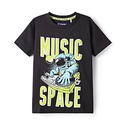 Pine Kids Cotton Knit Half Sleeves T-Shirt With Music Space Text Print - Black