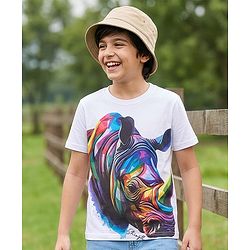 Pine Kids Cotton Knit Half Sleeves T-Shirt With Rhinoceros Print - White