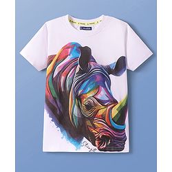Pine Kids Cotton Knit Half Sleeves T-Shirt With Rhinoceros Print - White