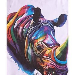 Pine Kids Cotton Knit Half Sleeves T-Shirt With Rhinoceros Print - White