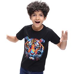 Pine Kids Cotton Knit Half Sleeves T-Shirt with Lion Print - Black