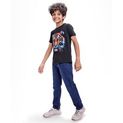 Pine Kids Cotton Knit Half Sleeves T-Shirt with Lion Print - Black