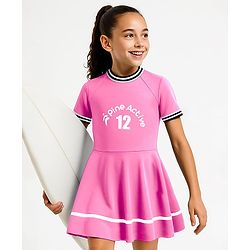 Pine Active Half Sleeves Frock Swimsuit With Logo Print - Pink