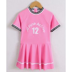 Pine Active Half Sleeves Frock Swimsuit With Logo Print - Pink