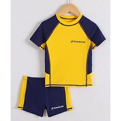 Pine Active Half Raglan Sleeves Two Piece Swimsuit With Logo Print - Yellow & Navy Blue