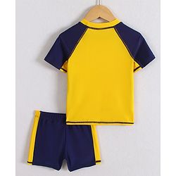 Pine Active Half Raglan Sleeves Two Piece Swimsuit With Logo Print - Yellow & Navy Blue