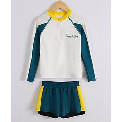 Pine Active Full Raglan Sleeves Two Piece Swimsuit With Logo Print - White & Dark Green