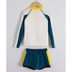 Pine Active Full Raglan Sleeves Two Piece Swimsuit With Logo Print - White & Dark Green