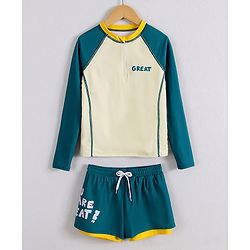 Pine Active Full Raglan Sleeves Two Piece Swimsuit With Logo Print - Teal Blue