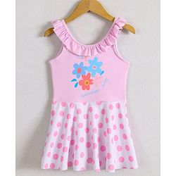 Pine Kids Sleeveless Frock Swimsuit With Floral Print - Light Blue
