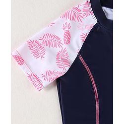 Pine Kids Half Raglan Sleeves Legged Swimsuit With Leaf Print - Navy Blue