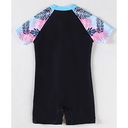 Pine Kids Half Raglan Sleeves Legged Swimsuit With Leaf Print - Navy Blue