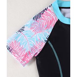 Pine Kids Half Raglan Sleeves Legged Swimsuit With Leaf Print - Navy Blue
