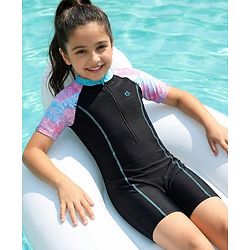 Pine Kids Half Raglan Sleeves Legged Swimsuit With Leaf Print - Navy Blue