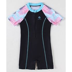 Pine Kids Half Raglan Sleeves Legged Swimsuit With Leaf Print - Navy Blue