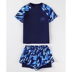 Pine Active Half Sleeves Two Piece Swimsuit With Whale Print - Blue
