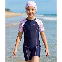 Pine Kids Half Raglan Sleeves Legged Swimsuit With Leaf Print - Navy Blue