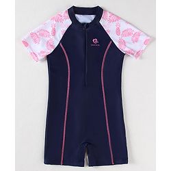 Pine Kids Half Raglan Sleeves Legged Swimsuit With Leaf Print - Navy Blue