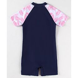 Pine Kids Half Raglan Sleeves Legged Swimsuit With Leaf Print - Navy Blue