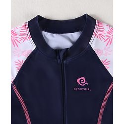 Pine Kids Half Raglan Sleeves Legged Swimsuit With Leaf Print - Navy Blue