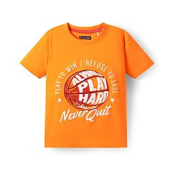 Pine Kids Cotton Knit Half Sleeves T-Shirt with Text Print - Orange