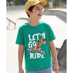 Pine Kids Cotton Knit Half Sleeves T-Shirt With Lets Go Ride Text Print - Mint