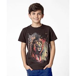 Pine Kids Cotton Knit Half Sleeves T-Shirt With Lion Print - Black
