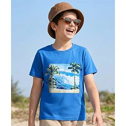 Pine Kids Cotton Knit Half Sleeves T-Shirt With Beach Theme Print - Blue