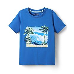 Pine Kids Cotton Knit Half Sleeves T-Shirt With Beach Theme Print - Blue