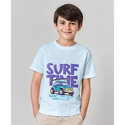 Pine Kids Cotton Knit Half Sleeves T-Shirt With Surf Time Text Print - Light Blue