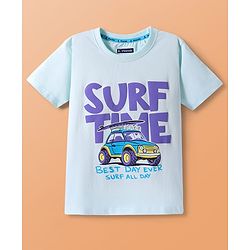 Pine Kids Cotton Knit Half Sleeves T-Shirt With Surf Time Text Print - Light Blue