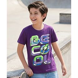 Pine Kids Cotton Knit Half Sleeves T-Shirt With Be Cool Text Print - Purple