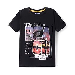 Pine Kids Cotton Knit Half Sleeves T-Shirt with Beach Theme Print - Black