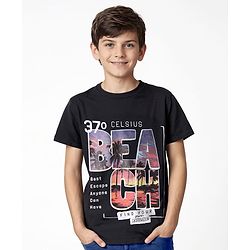 Pine Kids Cotton Knit Half Sleeves T-Shirt with Beach Theme Print - Black