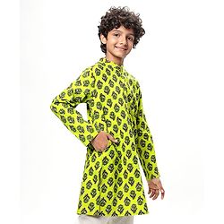 Pine Kids Cotton Woven Full Sleeves Floral Printed Kurta - Limegreen