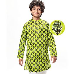 Pine Kids Cotton Woven Full Sleeves Floral Printed Kurta - Limegreen