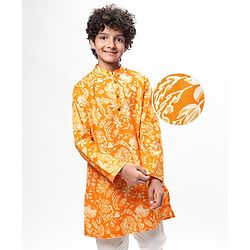 Pine Kids Cotton Woven Full Sleeves Kurta with Floral Print - Orange